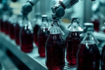 Robotic Arm Securing Lids on Rows of Glass Bottles Filled with Dark Red Liquid