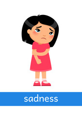 Sadness - concept of emotion. Little sad girl with tears in her eyes. Learning English language. Children psychology. Cute cartoon character