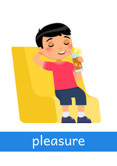 Pleasure - concept of emotion. Little boy sitting in a chair and drinking ice tea. Learning English language. Children psychology. Cute cartoon character