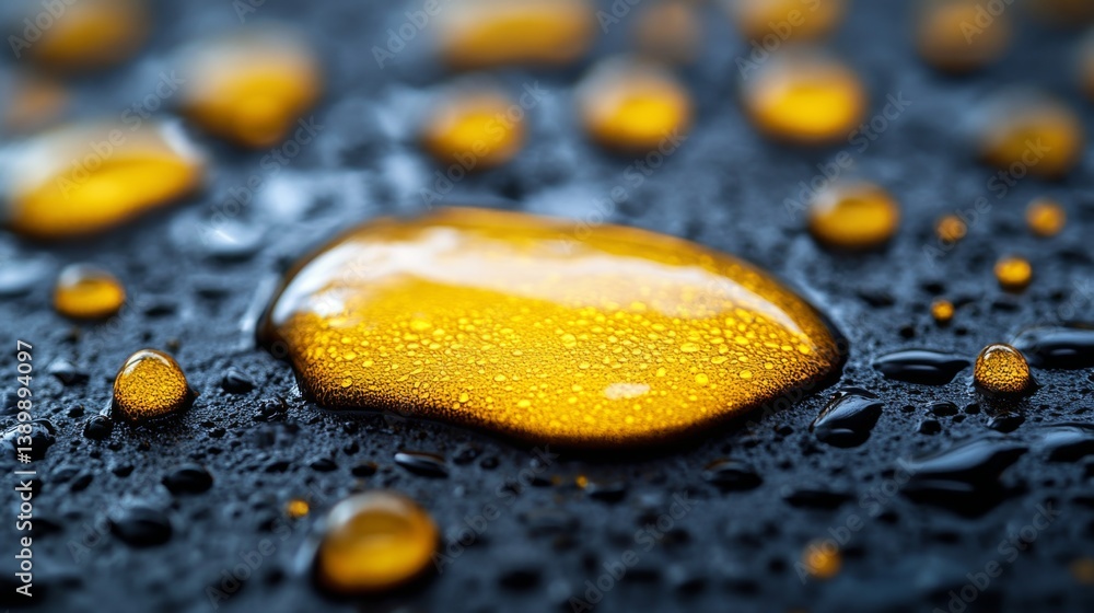 Poster oil droplets rest on a smooth metallic surface, showcasing the intricate details of extraction proce