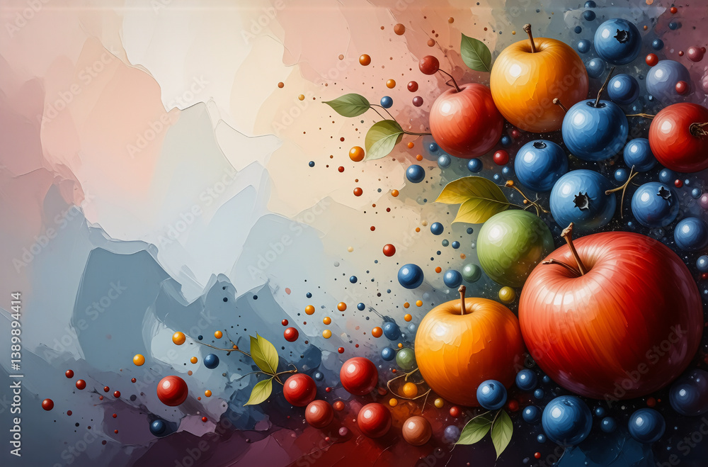 Aufkleber Here's a description and keywords:

Vibrant watercolor fruit composition.  Apples and blueberries cascade across the canvas, with leaves scattered throughout and a colorful background. Hints of red, o