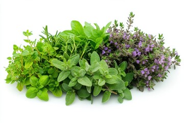 Obraz premium Fresh herbs aromatic culinary bouquet oregano thyme rosemary basil mint bright vibrant green purple