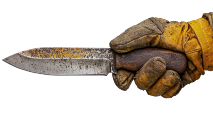 A knife with a protective glove on its handle resting on a table surface showcasing an intriguing composition, isolated a transparent background.