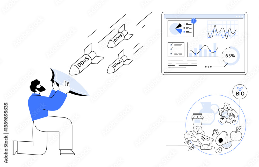 Poster man shields analytical dashboard from ddos attacks with a large protective shield, nearby highlighti