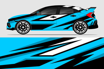 Vibrant blue and black car wrap design showcasing a sporty hatchback with dynamic graphics
