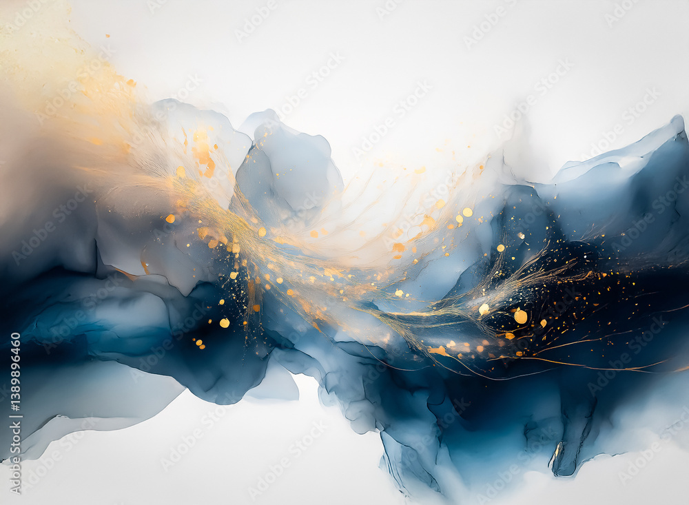 Aufkleber Fluid abstract art in blues and gold suggests movement and energy. The design features swirling forms, highlighting the interplay of color and light. Hints of a celestial and ethereal feel.