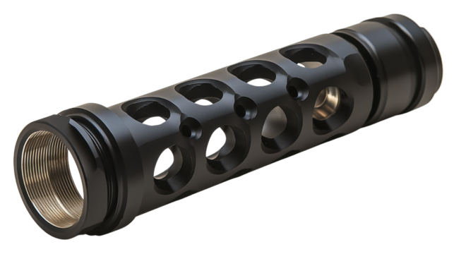 Detailed close-up of ar m16 muzzle displaying intricate design and functionality for firearms enthusiasts and collectors, isolated a transparent background.
