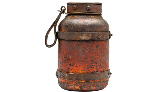 Weathered and rusty gas can with distressed surface and vintage appeal perfect for industrial or retro-themed decor, isolated a transparent background.