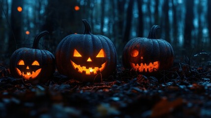Fototapeta premium Spooky Halloween Pumpkins in a Dark Forest