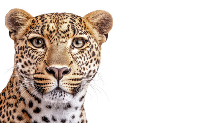 Fototapeta premium Majestic leopard gazing directly at the camera with striking spot patterns and intense eyes captivating the viewer, isolated a transparent background.