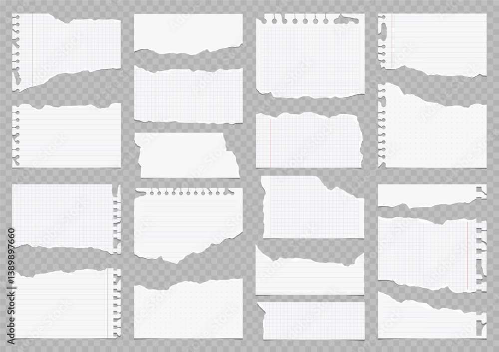 Fototapete set of torn lined and squared paper. torn sheet of paper from a notebook with rough edges. vector il