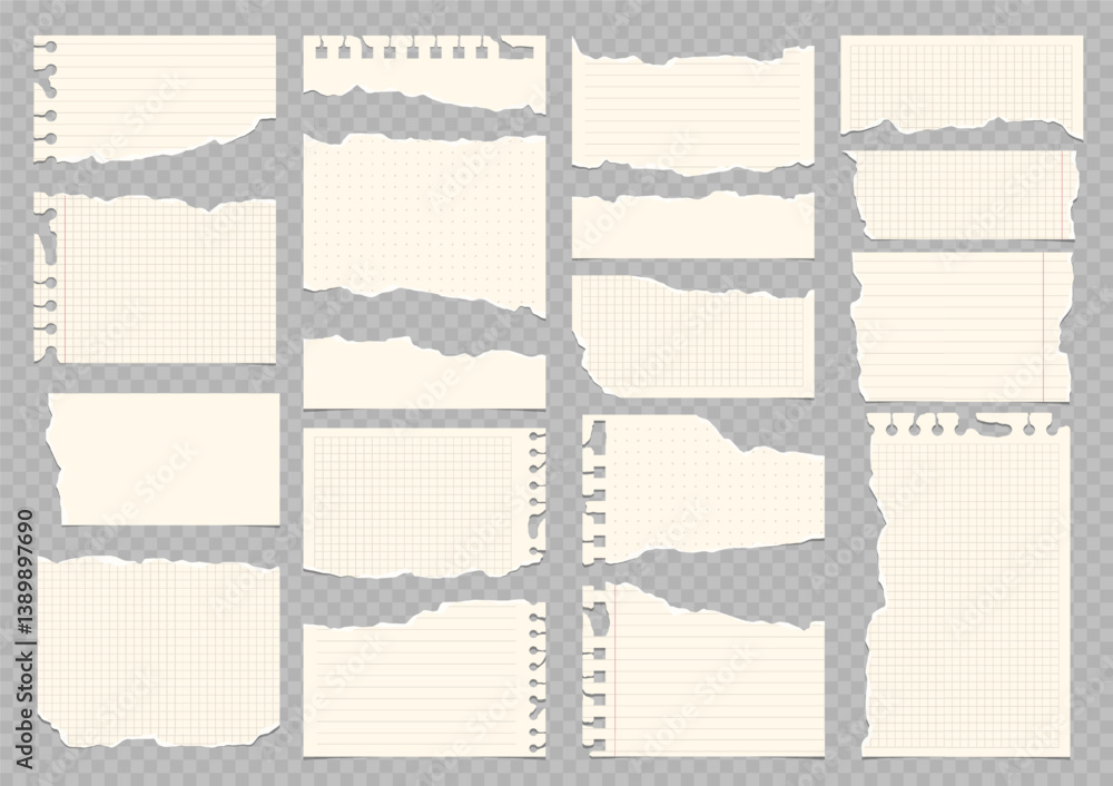 Fototapete set of torn lined and squared paper. torn sheet of paper from a notebook with rough edges. vector il