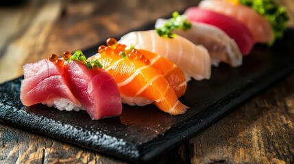 A close-up of various sashimi pieces on a stylish black plate, each piece of fish perfectly sliced, with vibrant colors and a minimalist presentation.