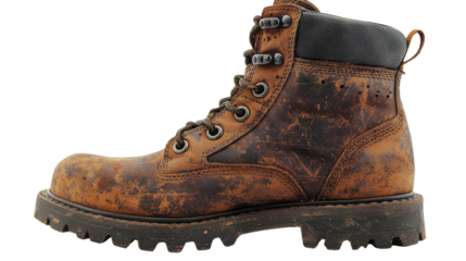 Worn and dirty boots showing signs of use and adventure ideal for outdoor enthusiasts and rugged exploration, isolated a transparent background.
