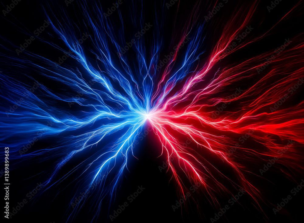 Poster a clash of powerful energy, symbolized by electric discharges, split between two opposing forces of 