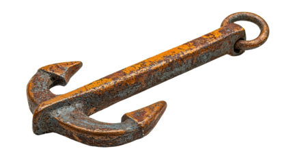 A heavy-duty anchor resting on a textured surface with rust detailing reflecting its maritime heritage, isolated a transparent background.