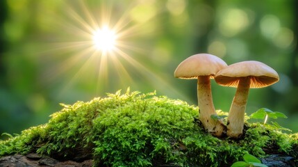 Fototapeta premium Sunlit Mushrooms on Mossy Log in Forest