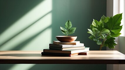 A wooden table with a stack of books and a small, decorative bowl on top of one
