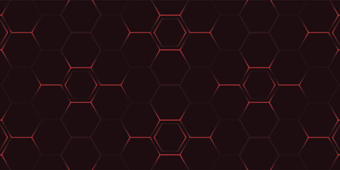 Dark abstract background with a hexagonal grid pattern highlighted by red glowing outlines, creating a futuristic and tech-inspired design.