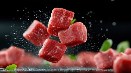 Tender meat cubes float gracefully in isolated space, showcasing exquisite textures and details