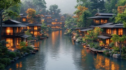 Obraz premium Illuminated River Village with Misty Dawn.