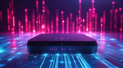 Modern high-speed 5G router sends data beams. Advanced tech for home network. Fast and secure data transfer. Futuristic design. High-bandwidth internet. Seamless connectivity. Data protection.
