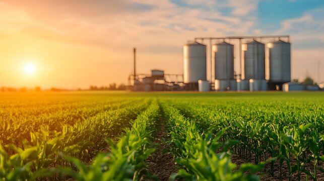 Vibrant Sugarcane Farm at Sunset with Biofuel Processing Plant in the Distance