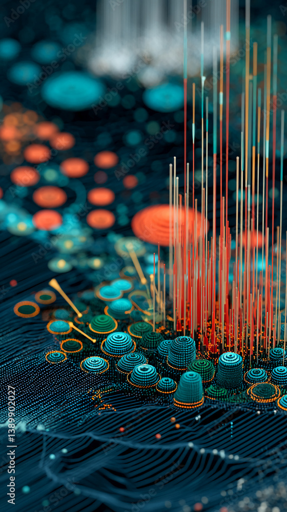 Poster abstract 3d digital art featuring teal, orange, and red geometric shapes, creating a dynamic, textur