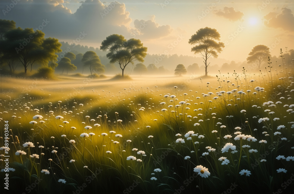Poster a sunlit meadow blankets itself in soft fog, trees dotting the background. hints of a gentle breeze 
