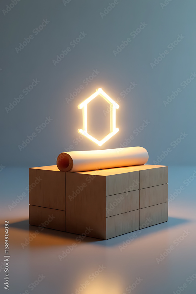 Poster illuminated hexagon design on wooden block minimalist studio art display creative concept