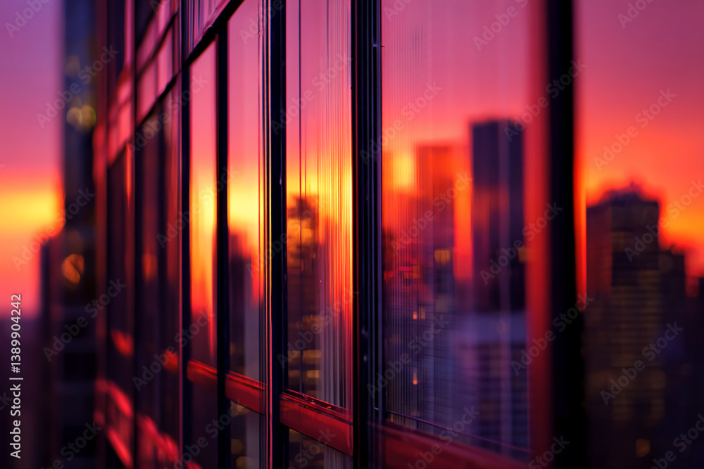 Leinwandbilder reflected sunset hues in skyscraper windows, creating abstract patterns of red and orange light, sho