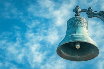 Obraz premium Blue sky background with old large metal bell hanging from tower
