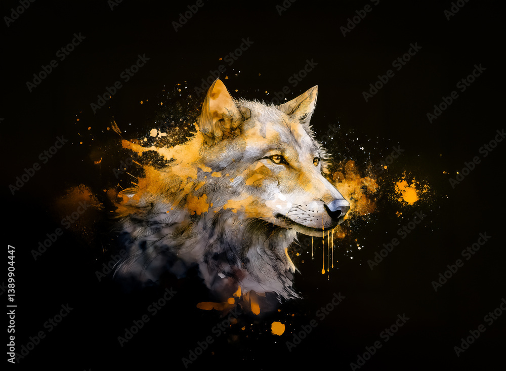 Poster a wolf's portrait is rendered with vibrant orange paint splatters against a dark backdrop. this crea