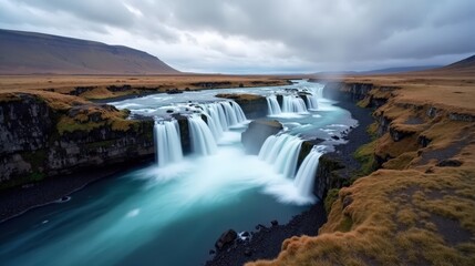 Fjadrargljufur canyon in Iceland during midday, cloudy weather, showcasing its stunning geography in a panoramic shot.