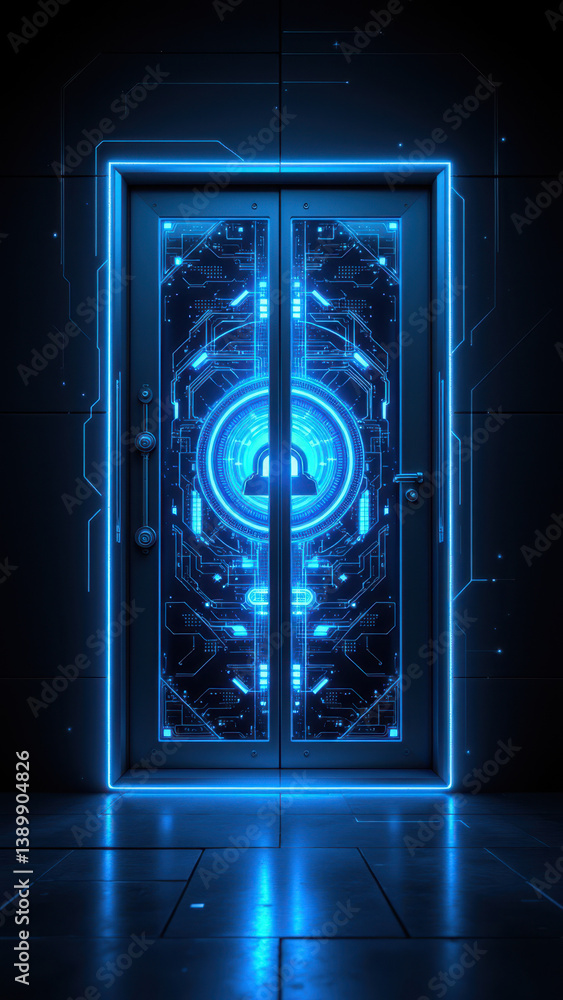 Poster futuristic door with digital interface, symbolizing advanced data protection and cybersecurity.