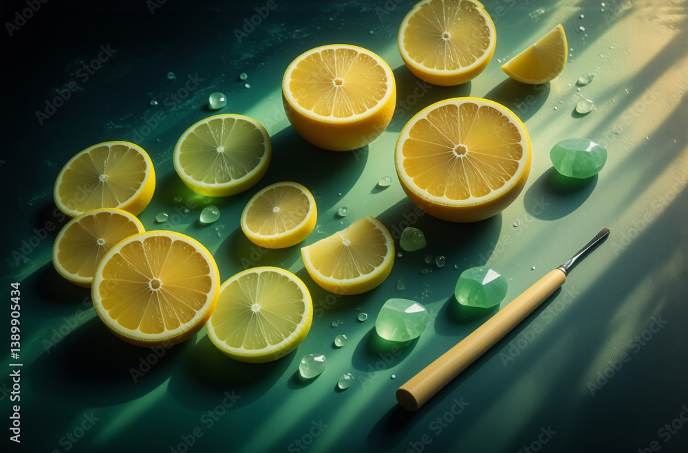 Aufkleber freshly sliced citrus fruits, glistening water droplets, and decorative gems arranged on a reflectiv