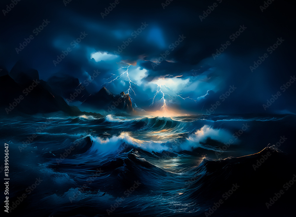 Poster here's the requested description and keywords: an ocean storm rages, with dark clouds and bright lig