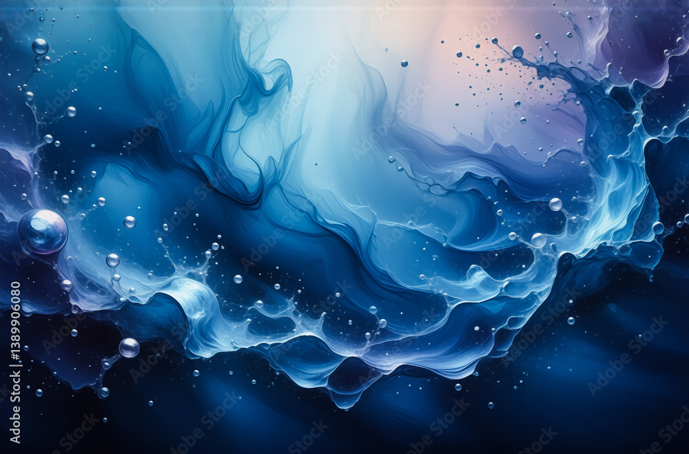 Poster An abstract, dynamic artwork of fluid motion in shades of blue. Hints of light and air create a sense of depth and movement. Water-like elements splash and blend. Bubbles and water form a textured, or