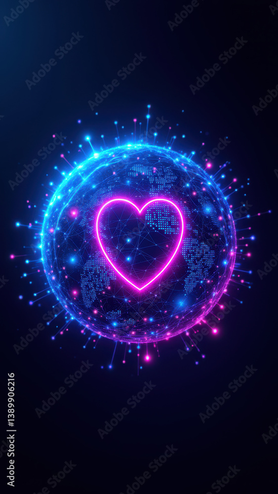 Poster digital heart emoji with a networked design inside a sphere for cyber security concept.