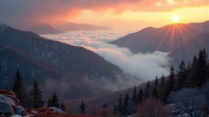 Obraz premium Parnitha National Park in Greece captured from above at dawn, showing mild, rainy winter conditions across the landscape.