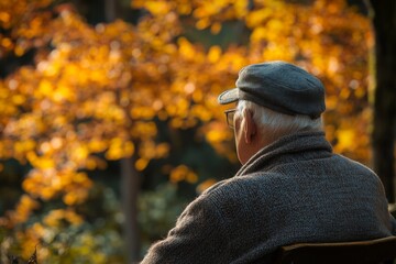 Fototapeta premium Man sitting alone on bench surrounded by autumn trees in park