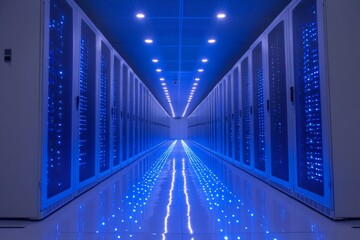 Symmetrical perspective of modern server room with blue lights