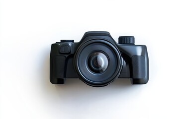 Sleek black DSLR camera ready to capture memories isolated on white background with sharp details