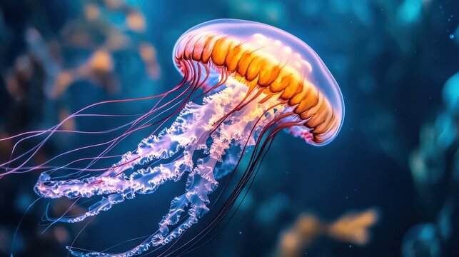A dramatic close-up of a jellyfish intricate tentacles, floating in the water, as its bell-shaped body glows softly under the surface of the ocean.