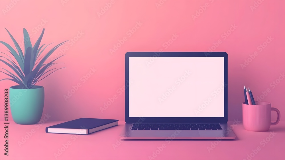 Poster digital workspace with laptop, smartphone and notebook in minimal pink-themed setup