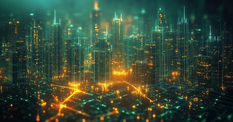 Fototapeta premium Futuristic City Infrastructure Digital Wireframe Visualization Isometric Perspective Neon Lines