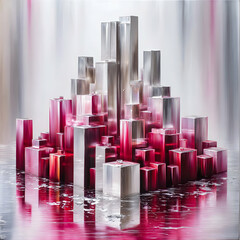 Abstract Cityscape Reflection: Red and Grey Geometric Buildings in Water