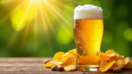 Glass of light foamy beer with chips and nuts on wooden background