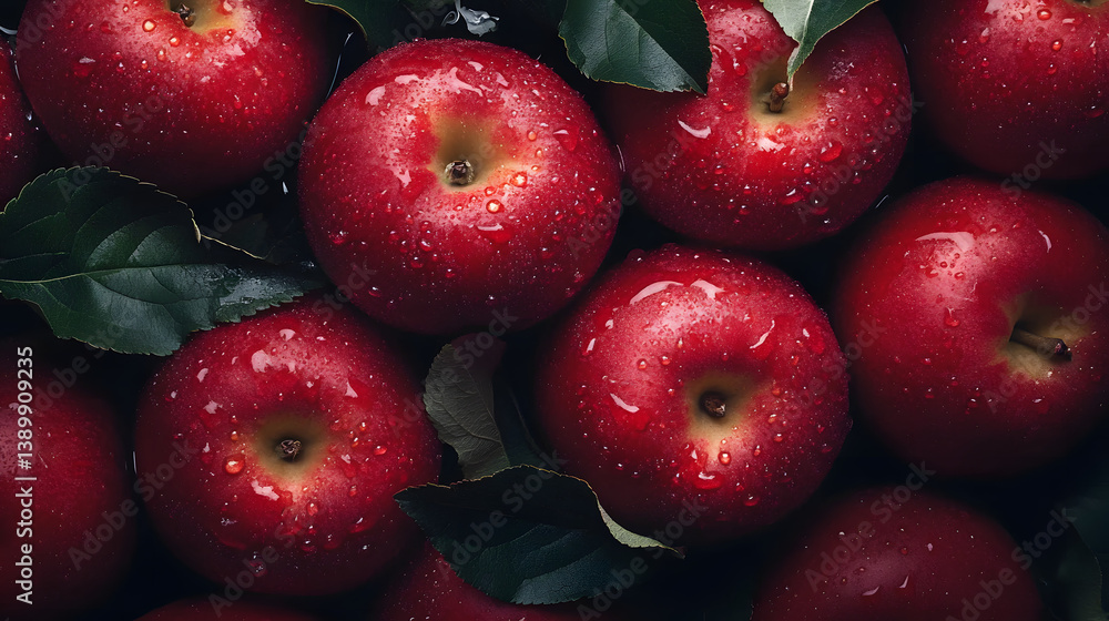 Poster red apples with leaves, closeup with top view, red apple patterns, top view of bright ripe fragrant 