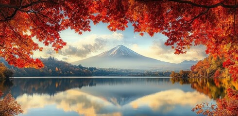 Mt Fuji Autumn Leaves Reflection at Lake Kawaguchiko Japan with Morning Fog and Scenic Natural Beauty
